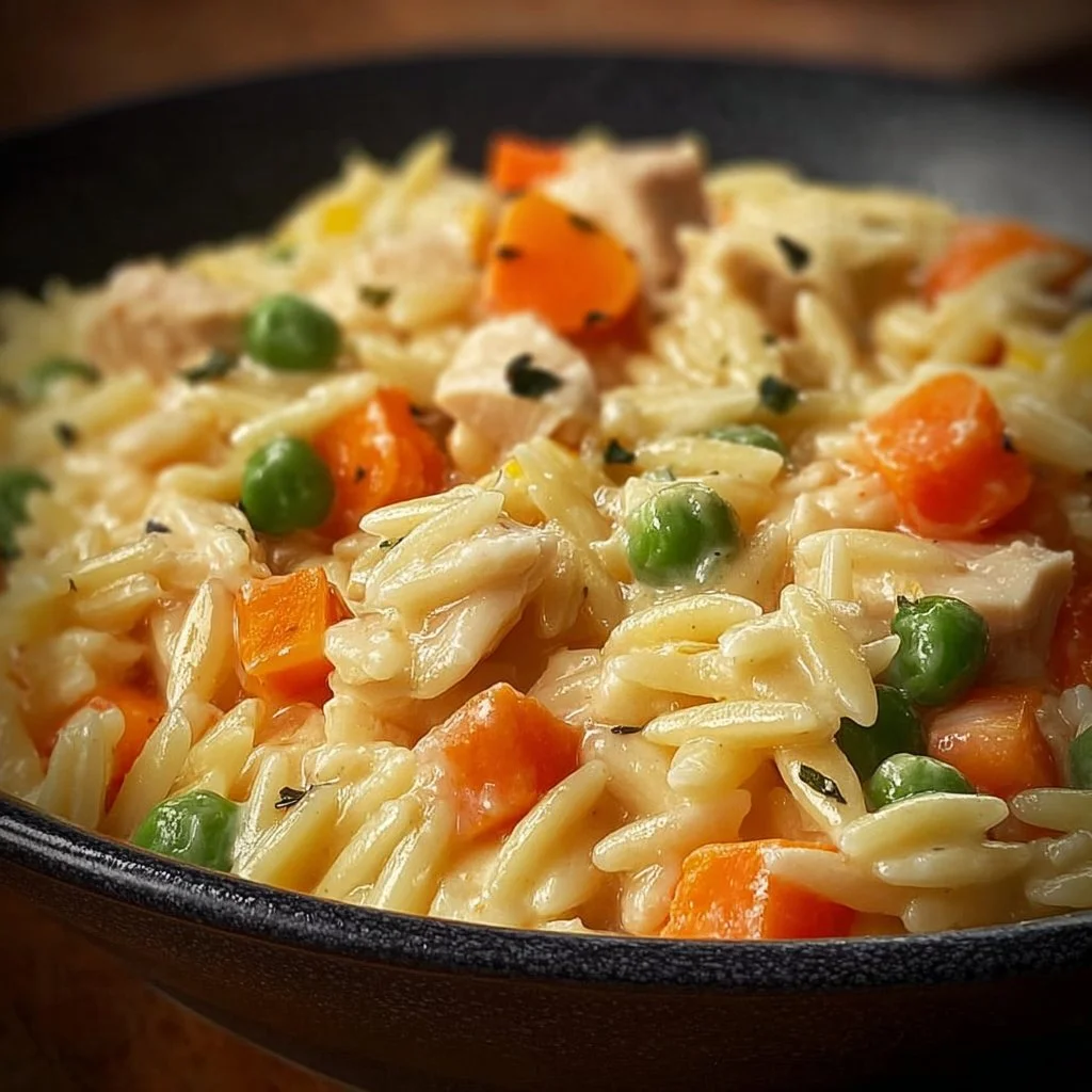 Creamy chicken pot pie orzo served in a bowl with fresh herbs garnish.