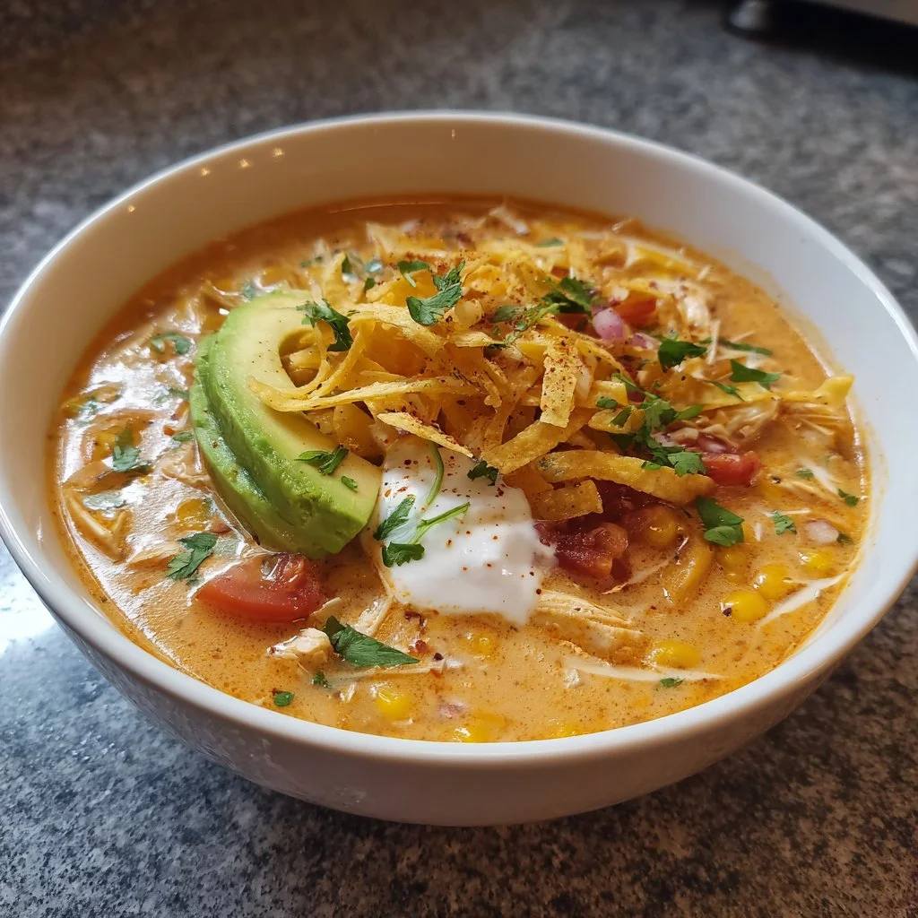 Bowl of creamy chicken tortilla soup topped with tortilla strips and cilantro