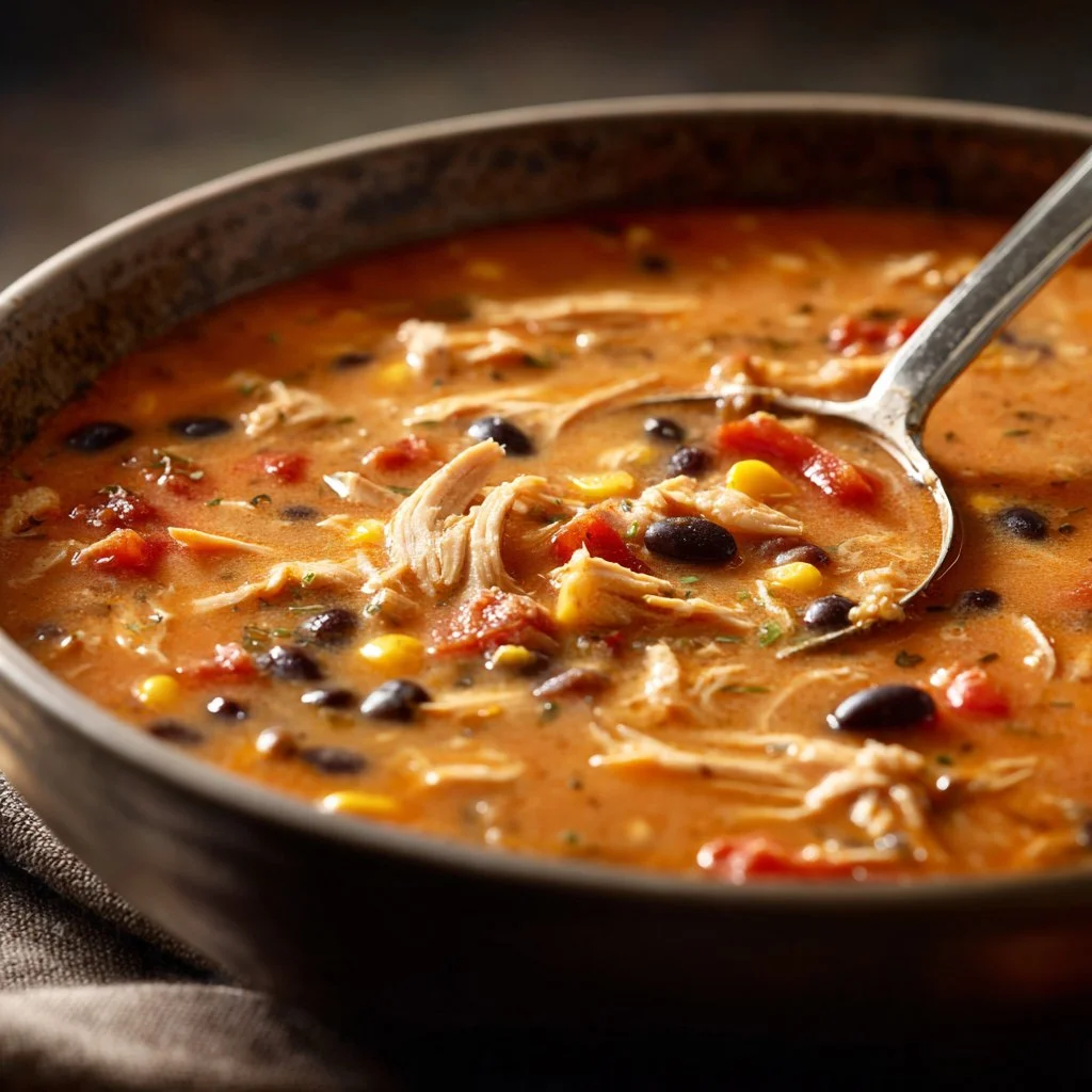 Creamy chicken tortilla soup garnished with tortilla strips and avocado.