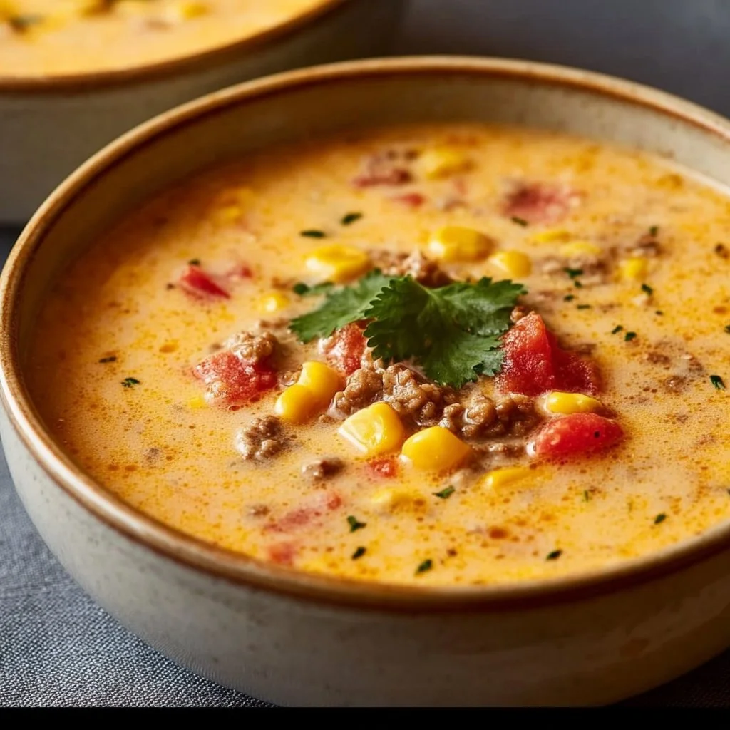Bowl of creamy cowboy soup garnished with fresh herbs and spices