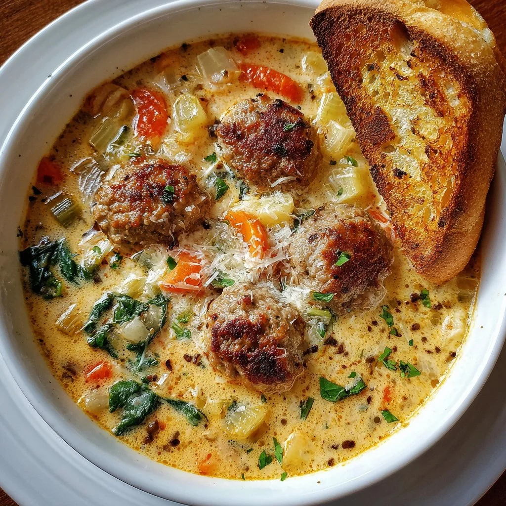 Creamy Italian meatball soup with fresh herbs and vegetables in a bowl