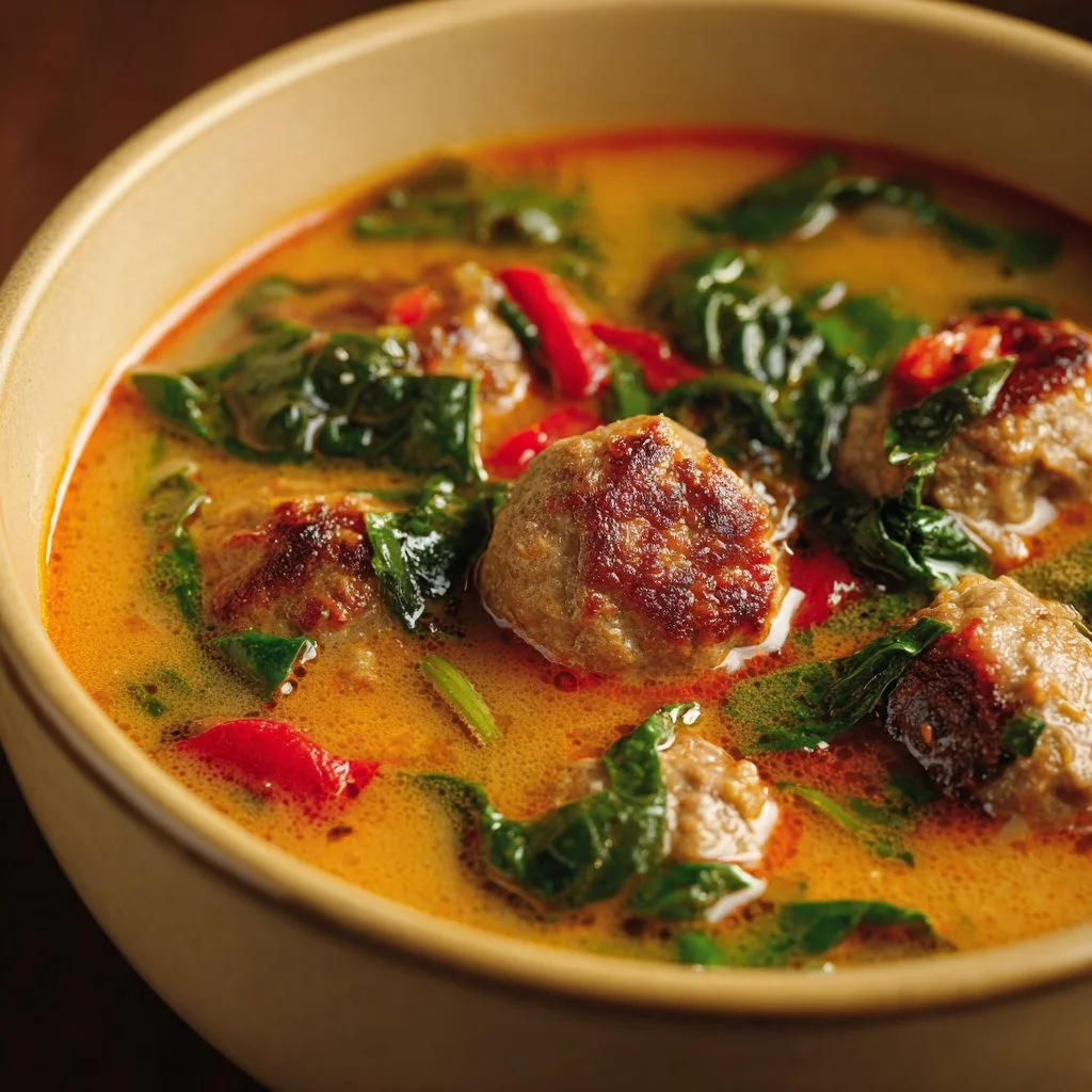 Bowl of creamy Italian meatball soup with herbs and meatballs