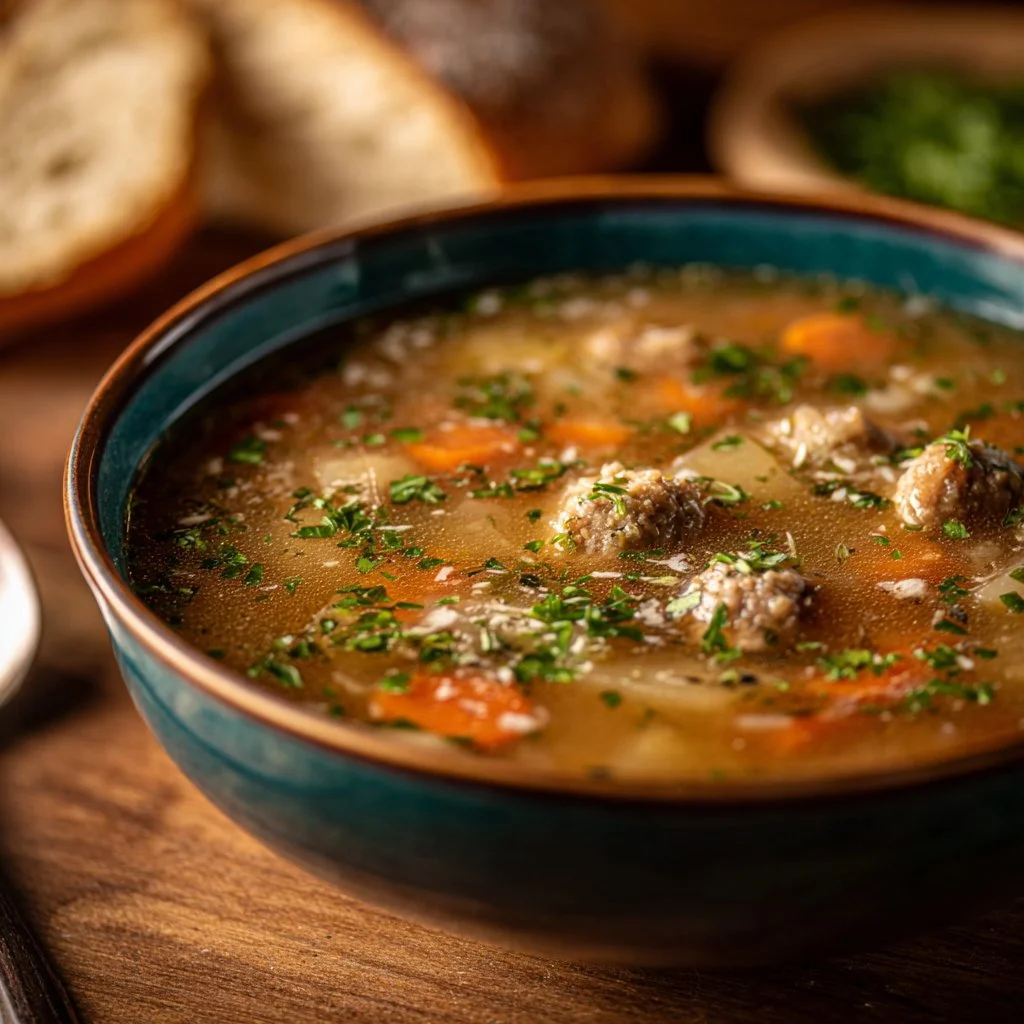Bowl of creamy Italian sausage soup garnished with herbs and served with bread.
