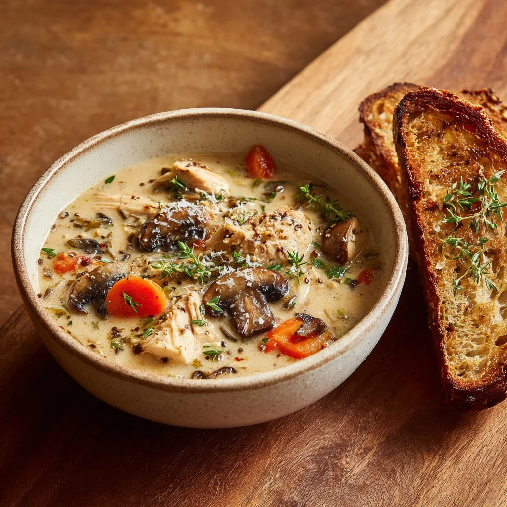 Creamy mushroom chicken and wild rice soup in a bowl with herbs