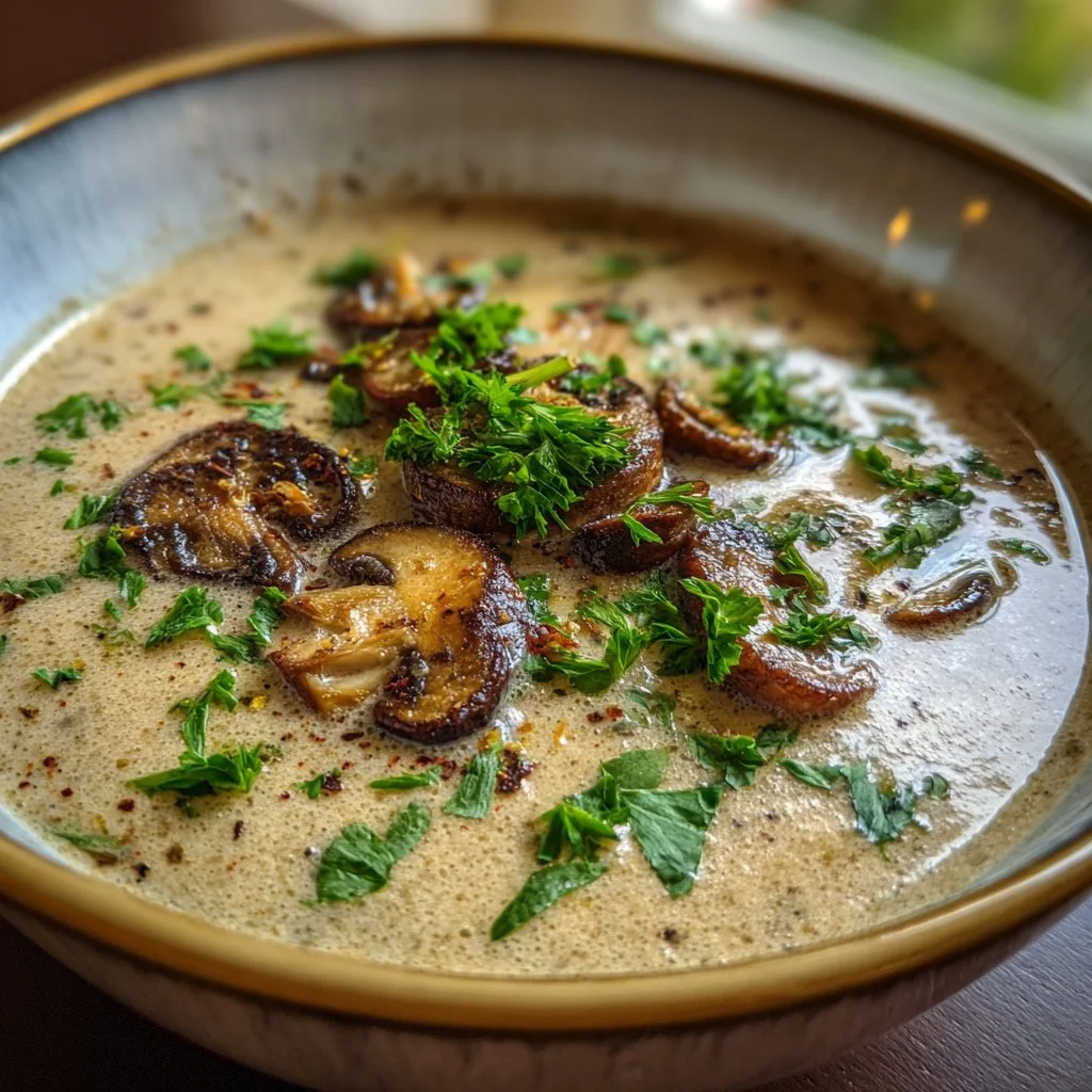 A bowl of creamy mushroom soup garnished with fresh herbs