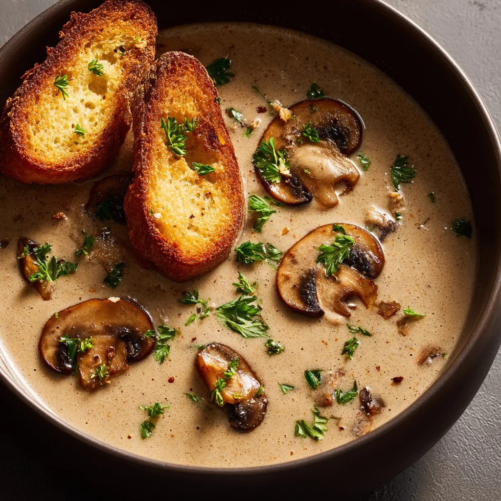 Bowl of creamy mushroom soup garnished with herbs and served with crusty bread