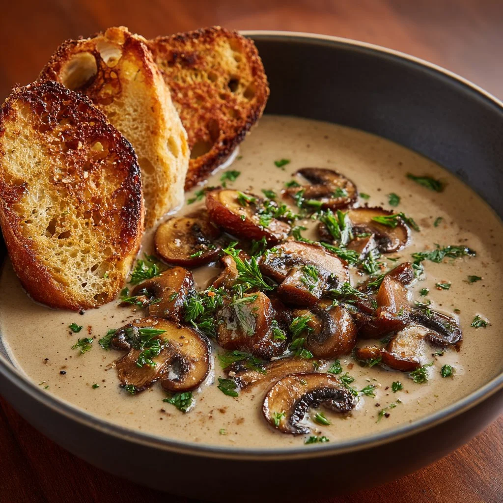 Creamy mushroom soup in a bowl with fresh herbs and a rustic backdrop.