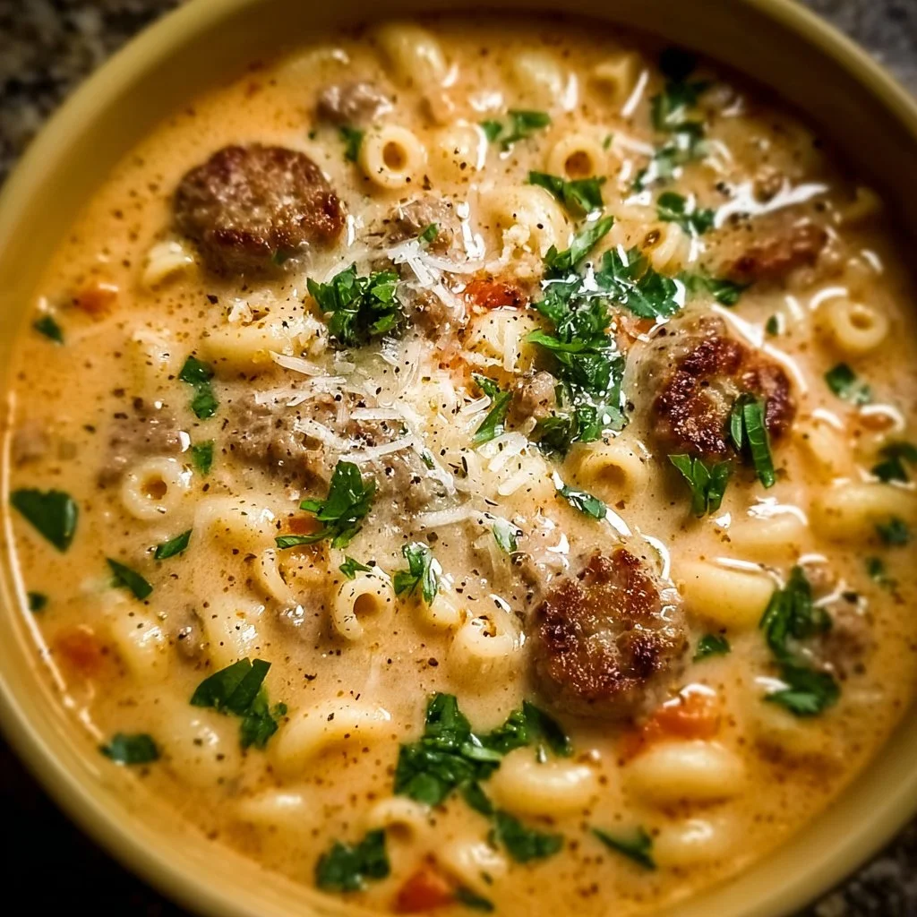 Creamy Parmesan sausage soup with ditalini pasta served in a bowl