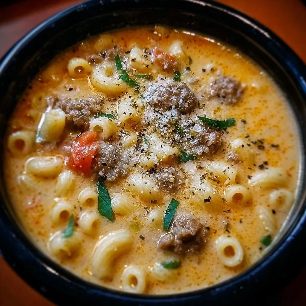 Creamy Parmesan Italian sausage ditalini soup in a bowl.