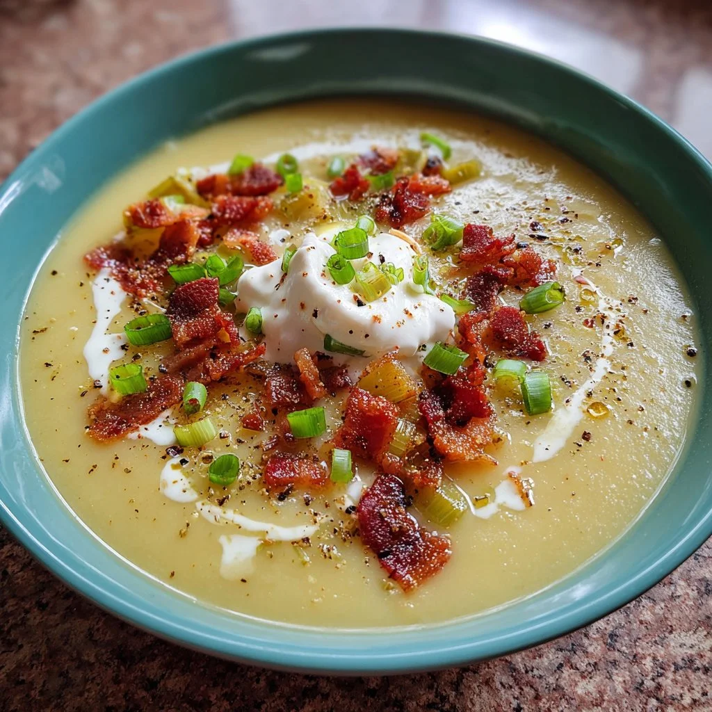 Bowl of creamy potato leek soup garnished with fresh herbs.