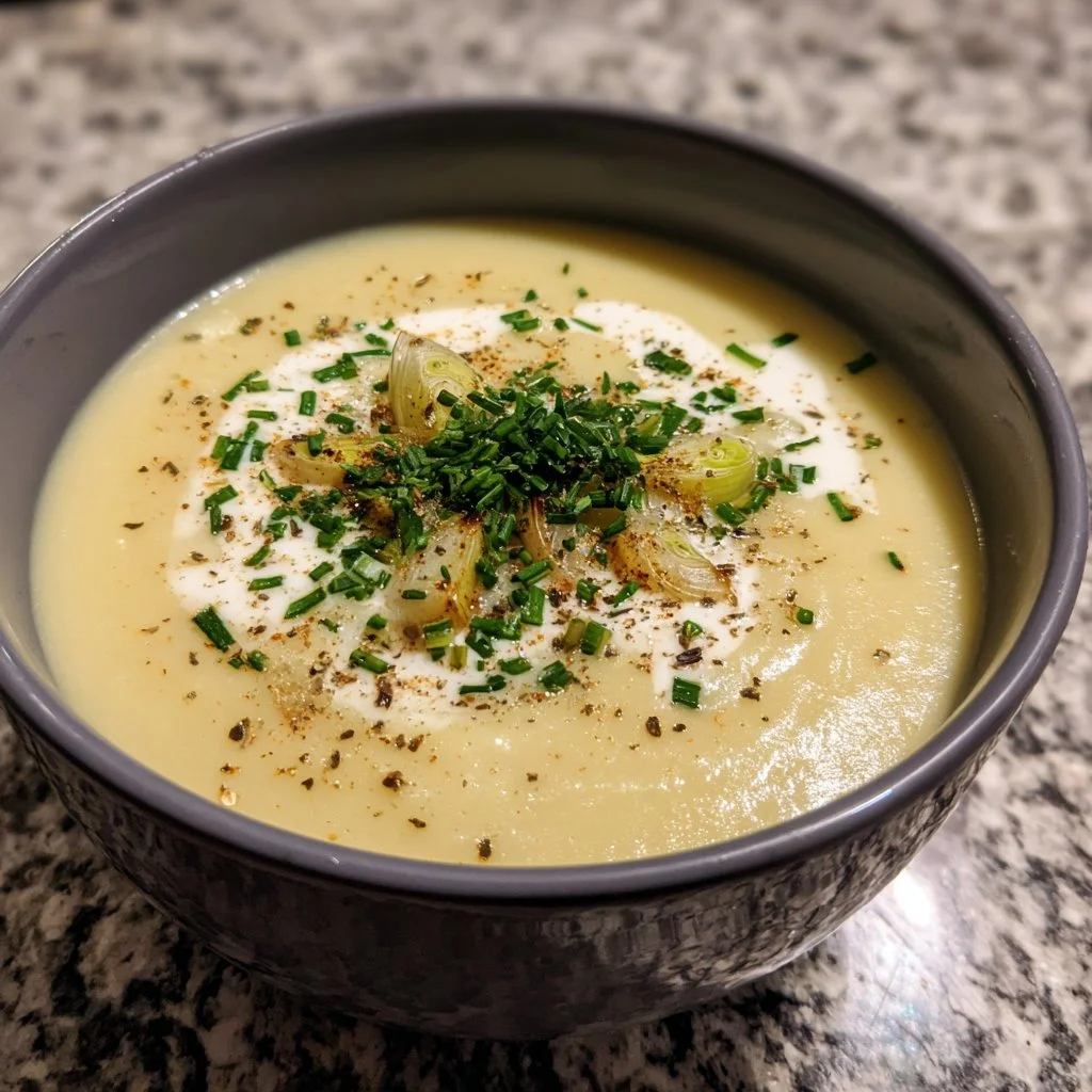 Bowl of creamy potato leek soup garnished with fresh herbs