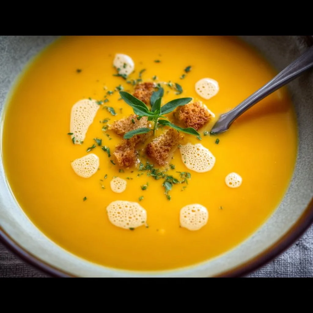 Bowl of creamy pumpkin soup garnished with herbs and served hot