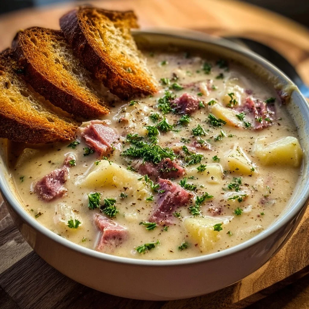 Bowls of creamy Reuben soup with corned beef, sauerkraut, and herbs