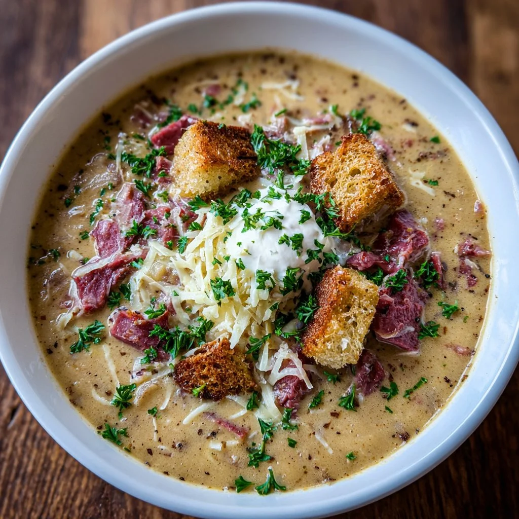 Bowl of creamy Reuben soup topped with corned beef and cheese.