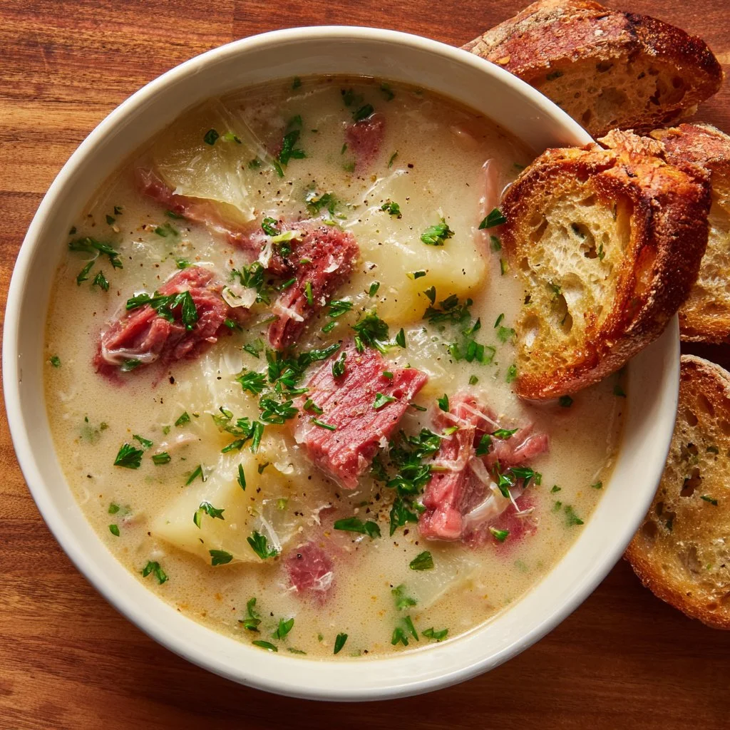 Creamy Reuben Soup in a bowl garnished with fresh herbs and bread