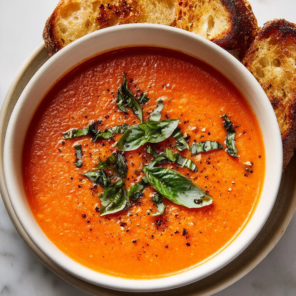 Bowl of creamy roasted tomato soup garnished with fresh basil and croutons
