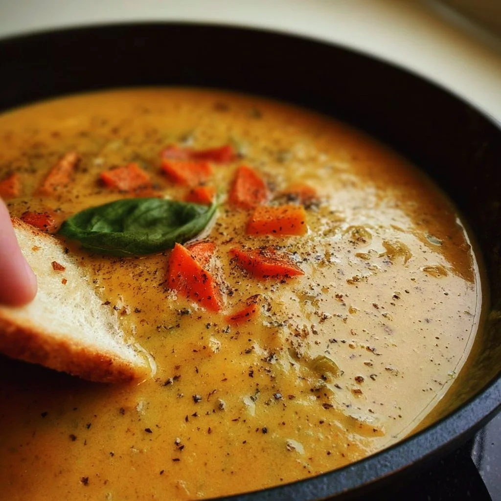 Bowl of creamy roasted veggie soup with colorful vegetables garnished on top