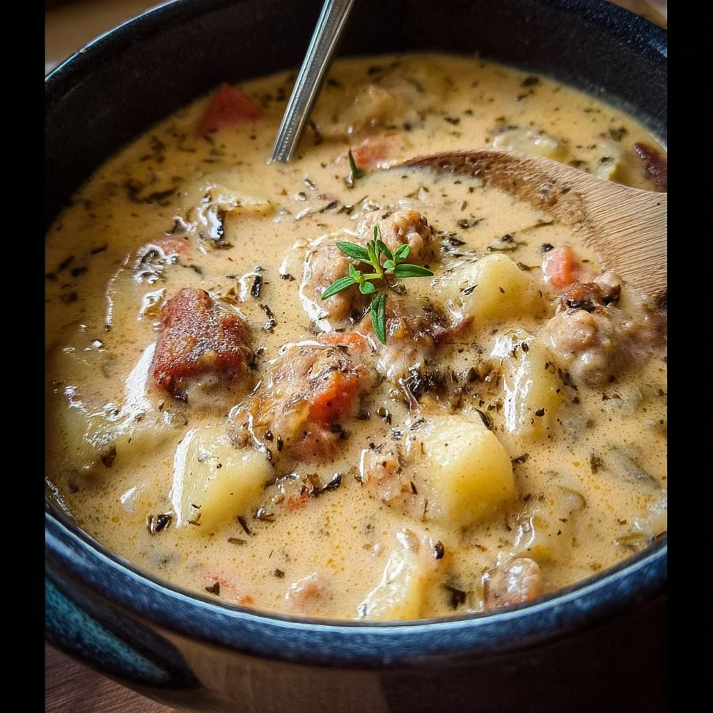 A bowl of creamy sausage potato chowder garnished with herbs.