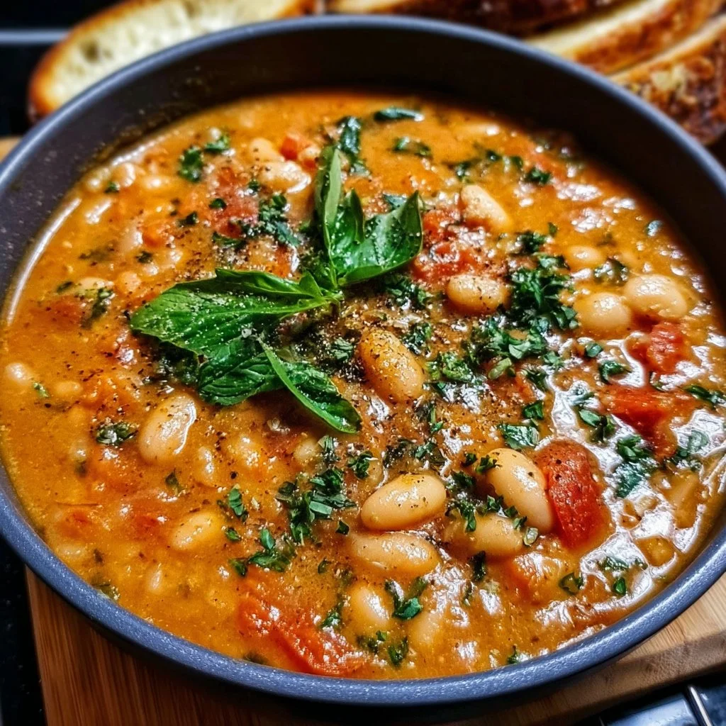 Bowl of creamy tomato and white bean stew garnished with fresh herbs