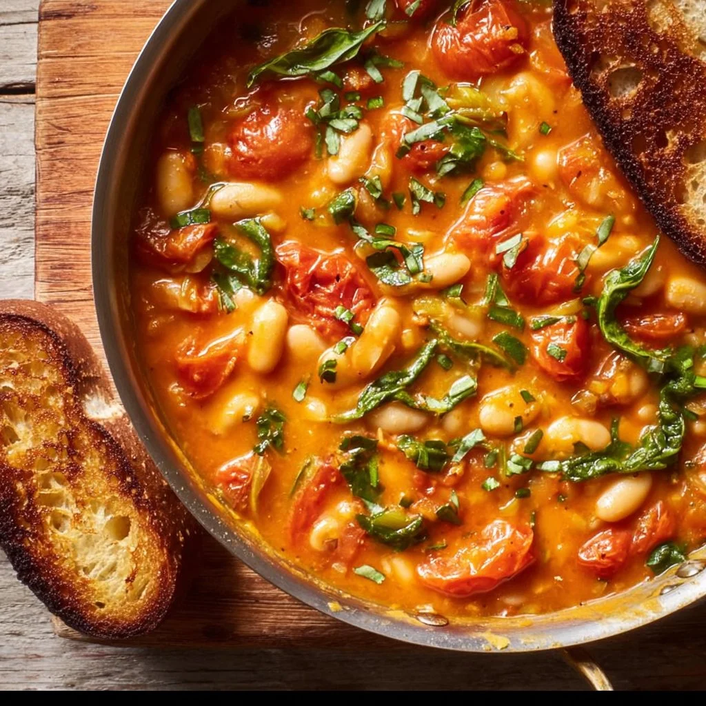 Bowl of creamy tomato white bean stew garnished with herbs and spices