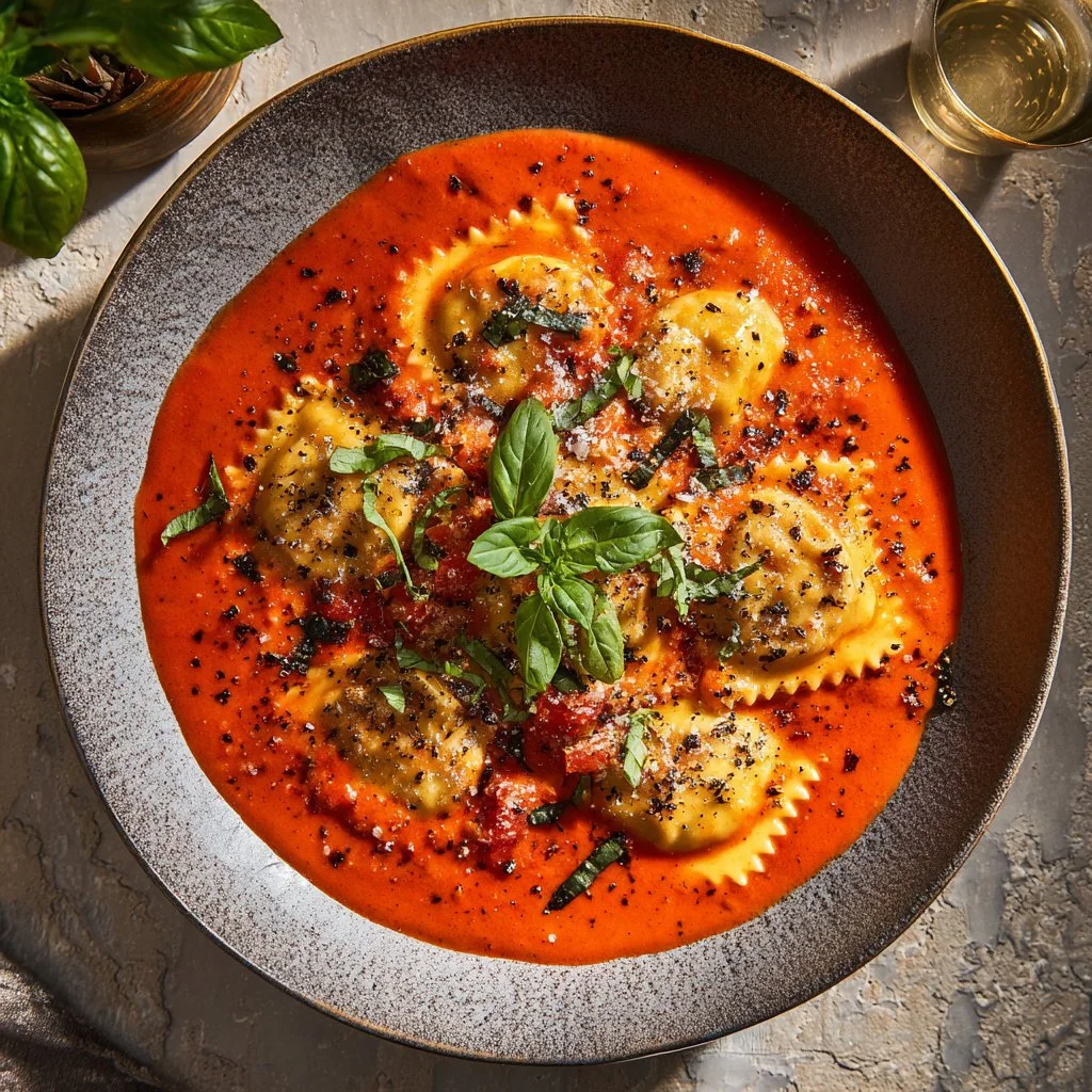 Bowl of creamy Tuscan ravioli soup garnished with herbs and fresh vegetables