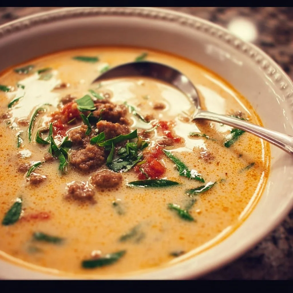 Bowl of creamy Tuscan soup garnished with herbs