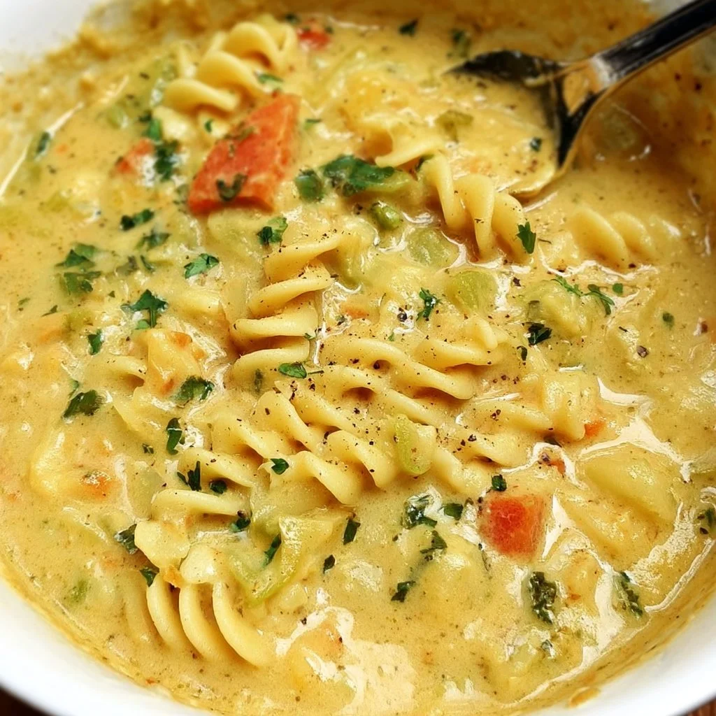 Creamy vegan pasta soup in a bowl with fresh herbs garnishing