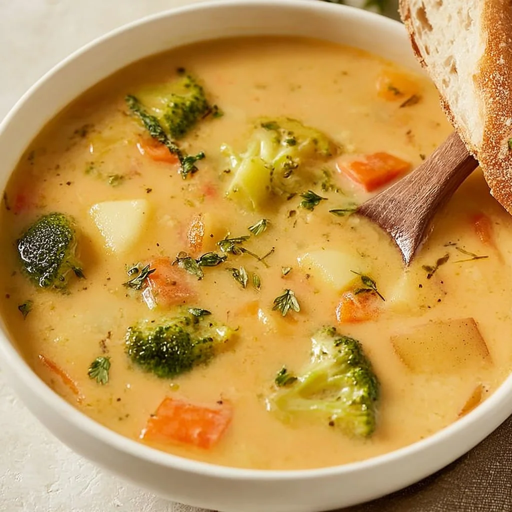 Bowl of creamy vegetable soup with fresh herbs and colorful vegetables
