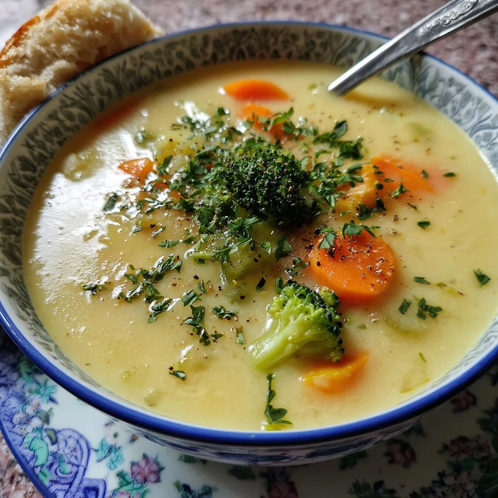 Bowl of creamy vegetable soup garnished with herbs and fresh vegetables.