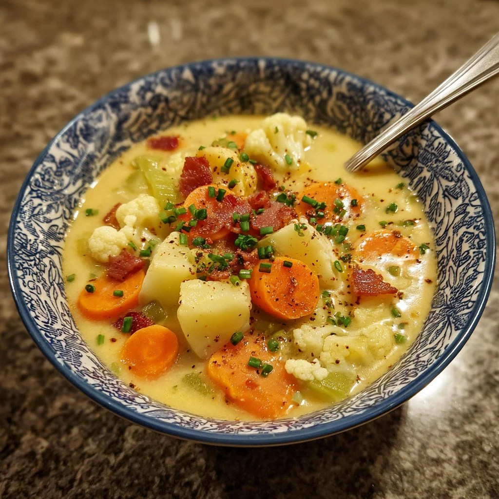 Bowl of creamy vegetable soup with fresh vegetables and herbs