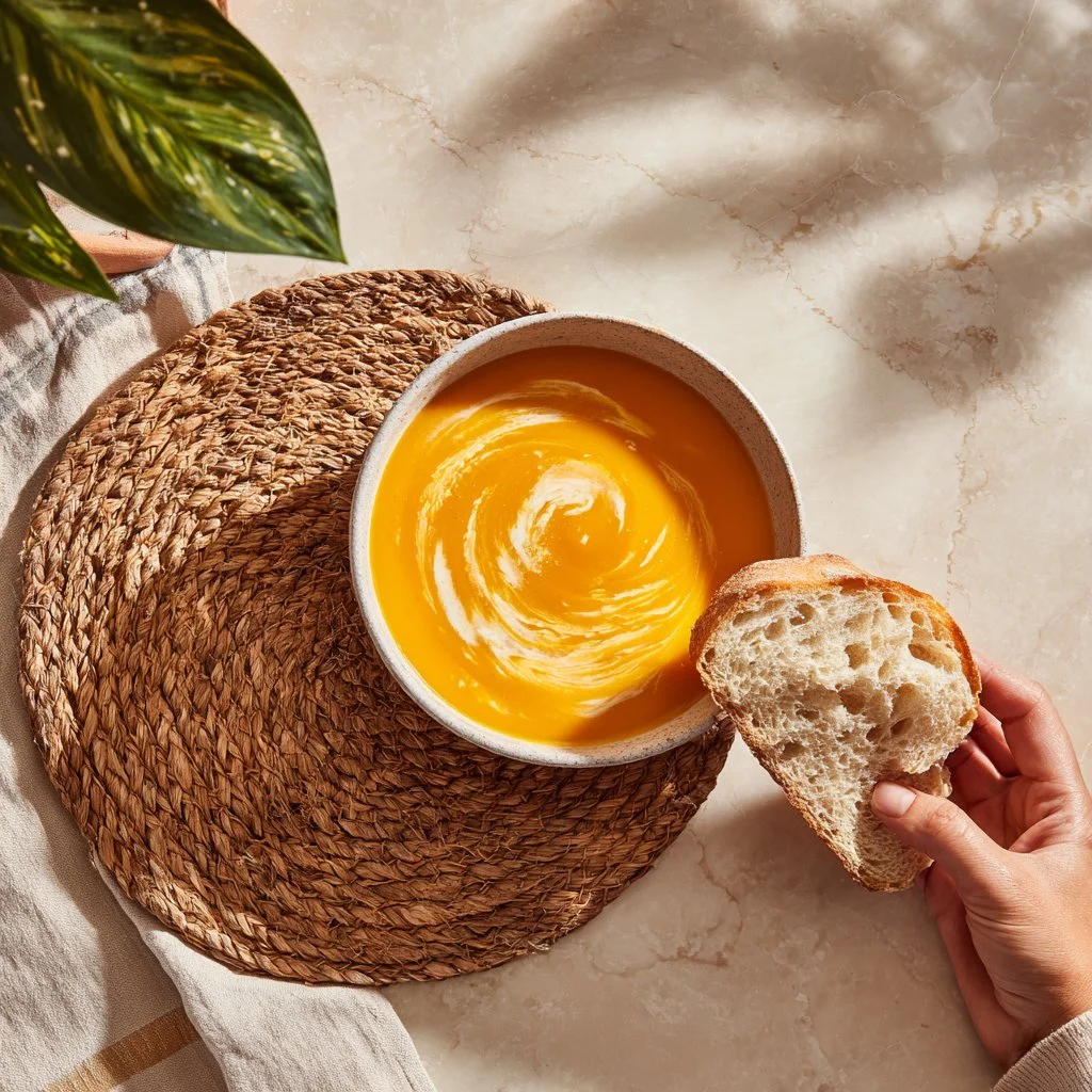 Creamy vegetable soup in a bowl garnished with fresh herbs.