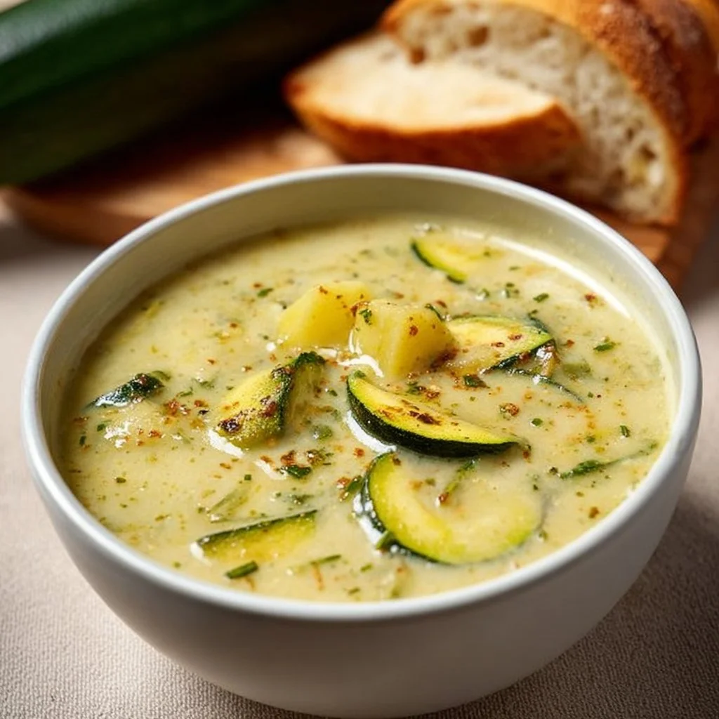 Bowl of creamy zucchini soup garnished with herbs and a sprinkle of pepper