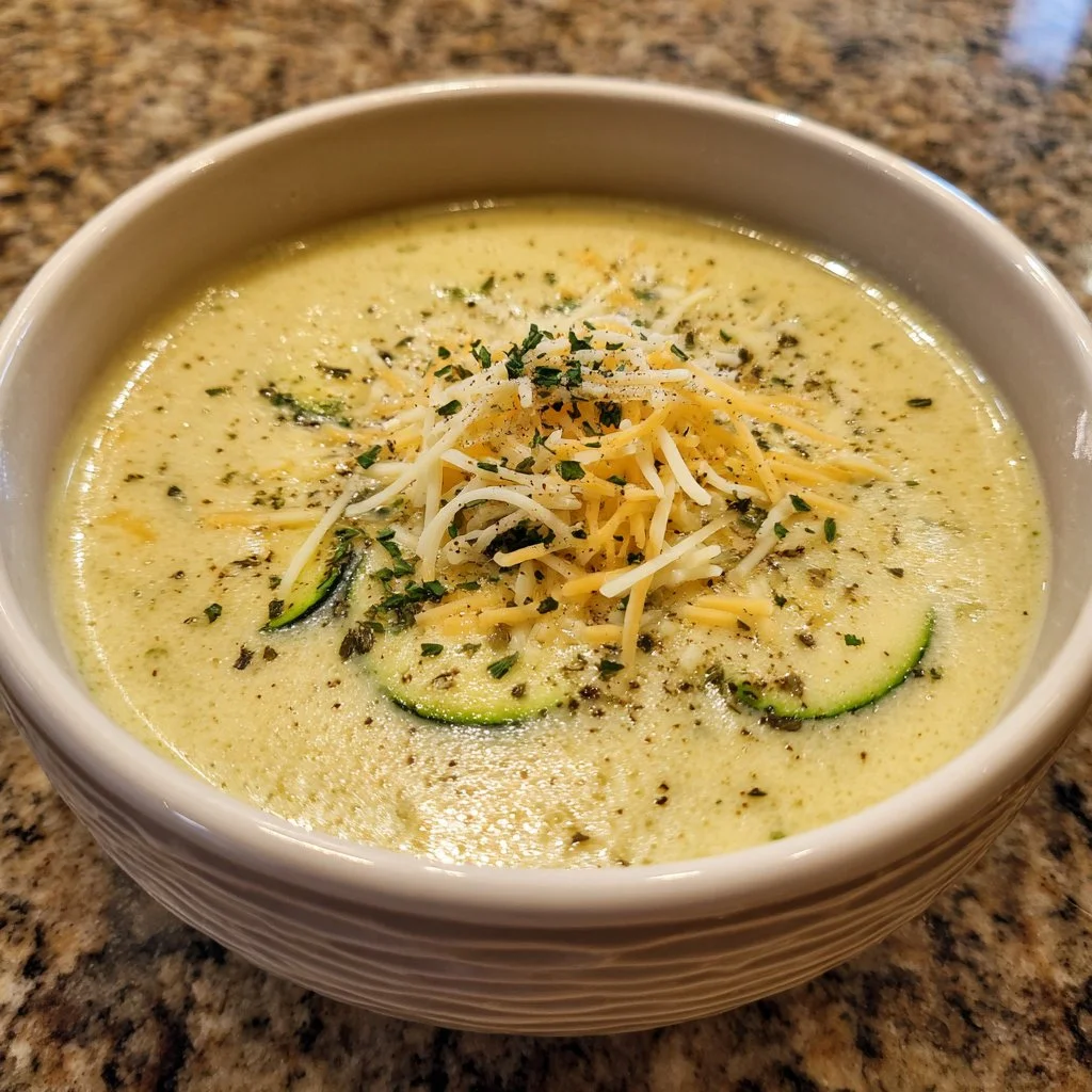 Bowl of creamy zucchini soup garnished with fresh herbs