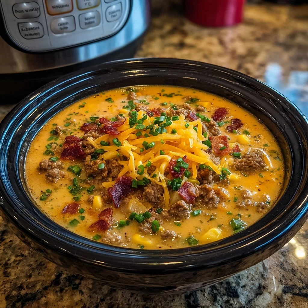 Hearty Crockpot Cheeseburger Soup in a bowl garnished with cheese and parsley