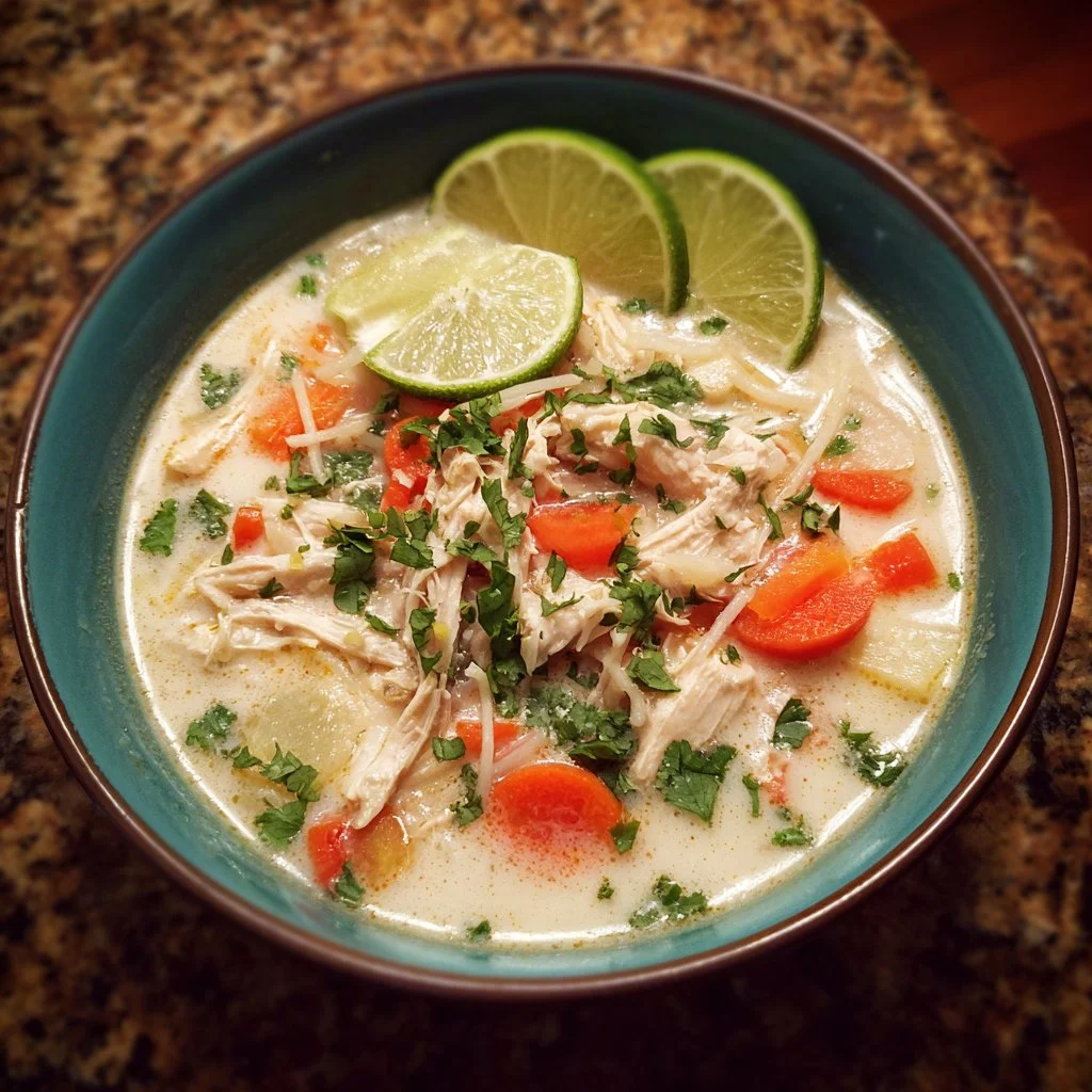 Bowl of Crockpot Thai Coconut Chicken Soup garnished with fresh herbs.
