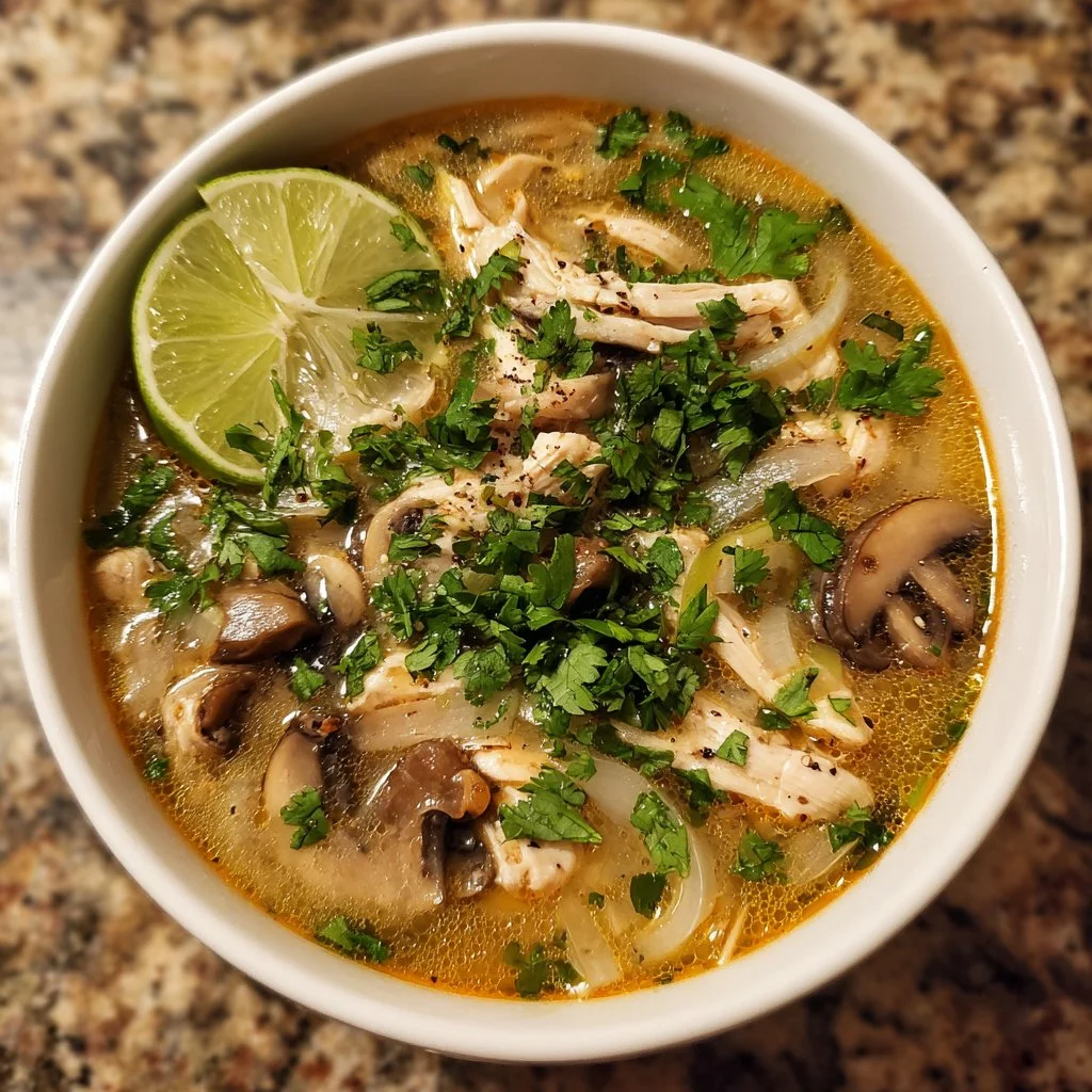 A bowl of Crockpot Thai Coconut Chicken Soup garnished with cilantro and lime.