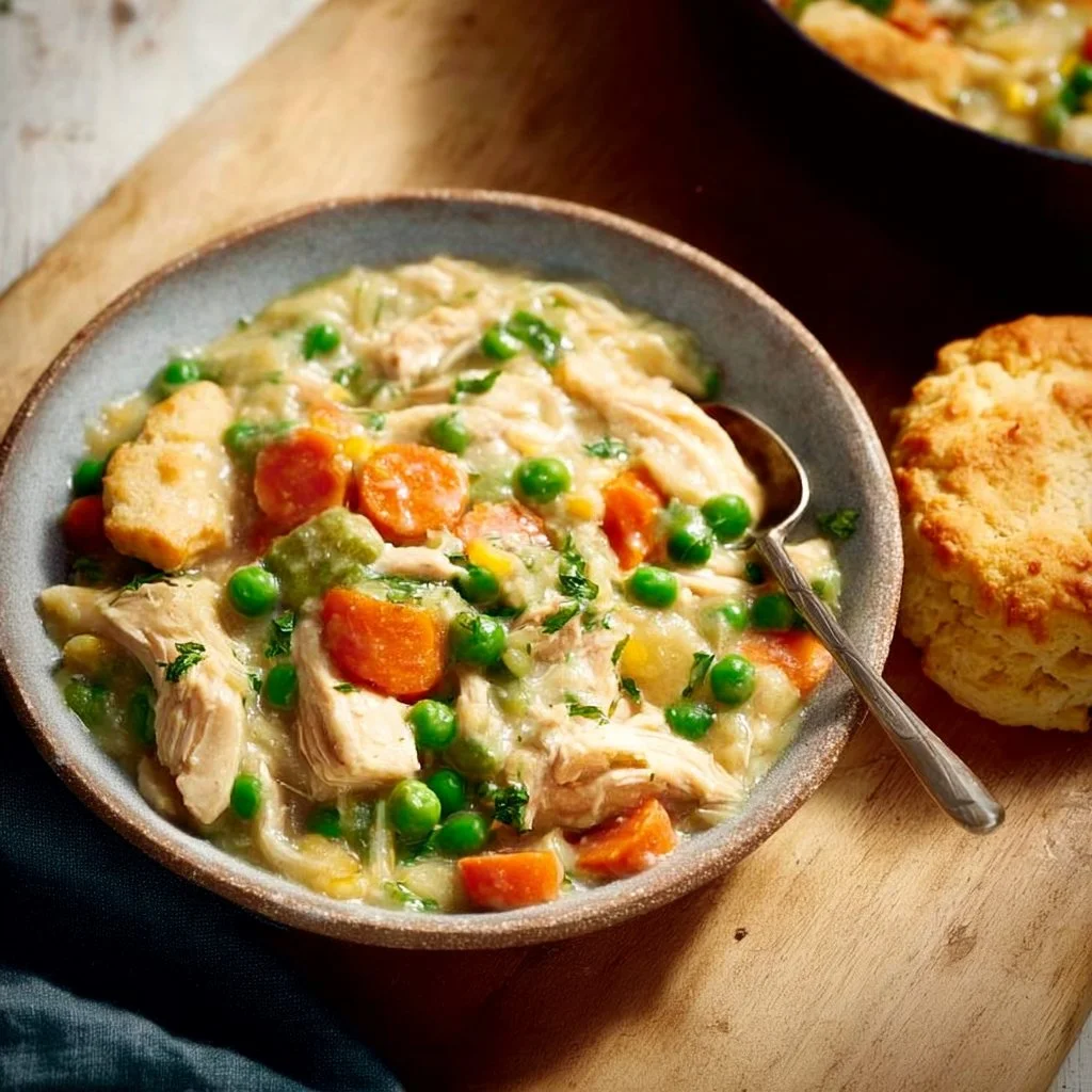 Crustless Chicken Pot Pie dish with vegetables and chicken served in a bowl