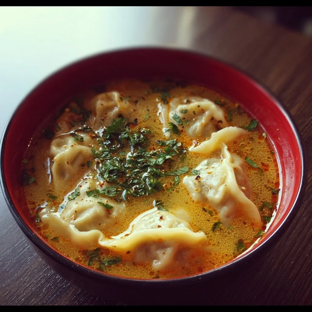 Bowl of flavorful Curry Dumpling Soup with vibrant herbs and spices.