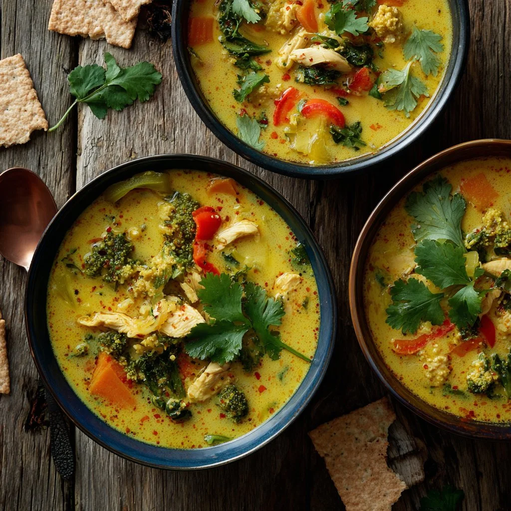 Bowl of Curry Soup with Chicken and Thai Vegetables topped with cilantro