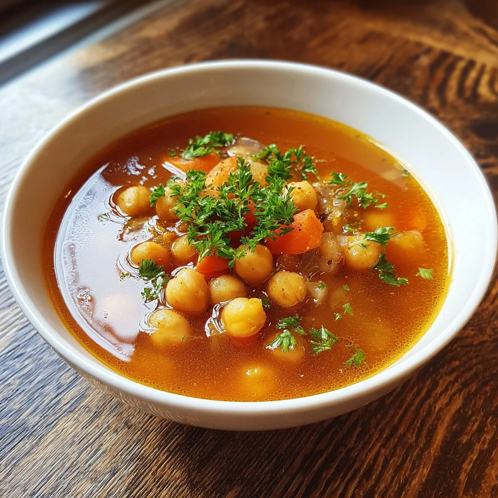 Bowl of delicious Garlic Chickpea Soup topped with fresh herbs and garlic