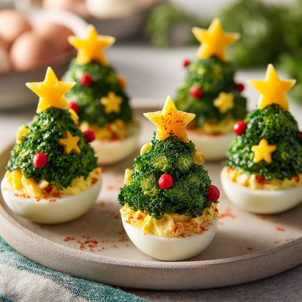 Deviled egg Christmas tree appetizers decorated for festive celebrations.