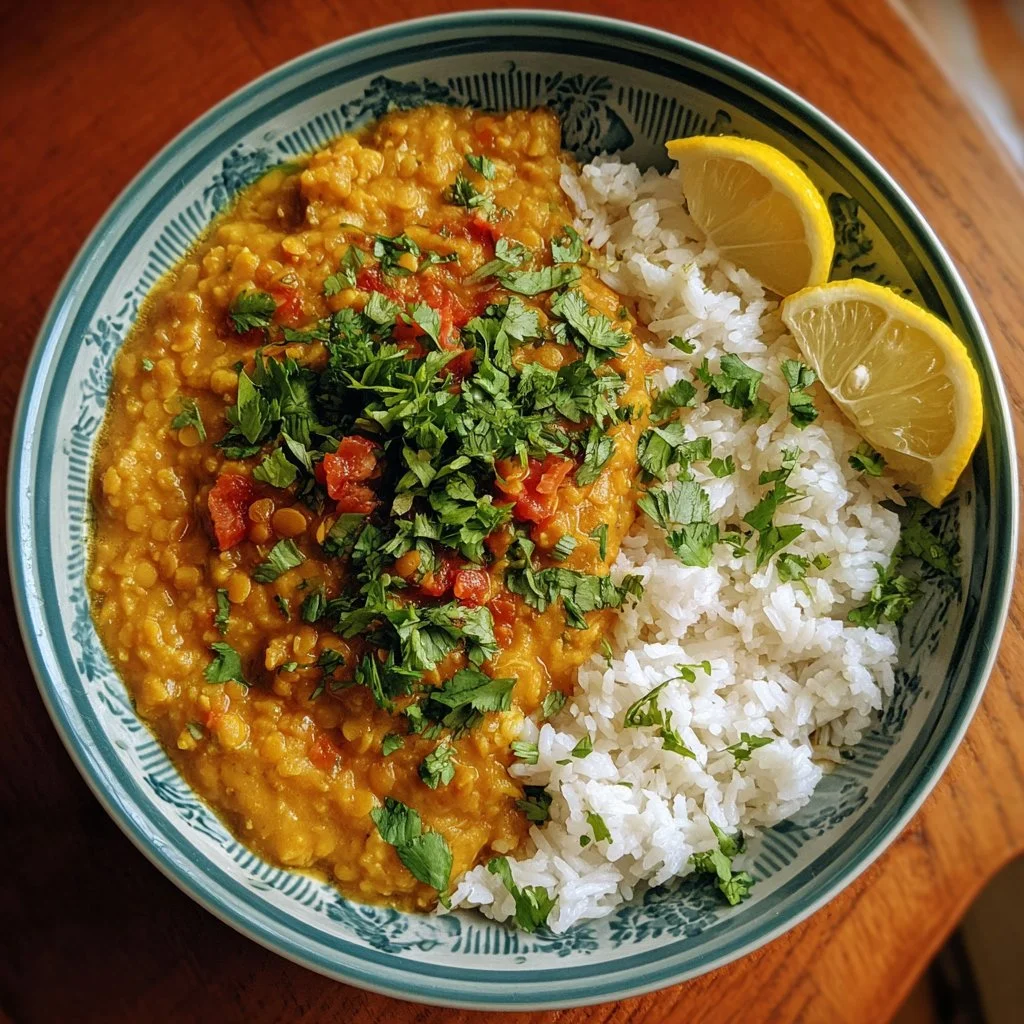 Bowl of easy 30-minute red lentil dahl with herbs and spices