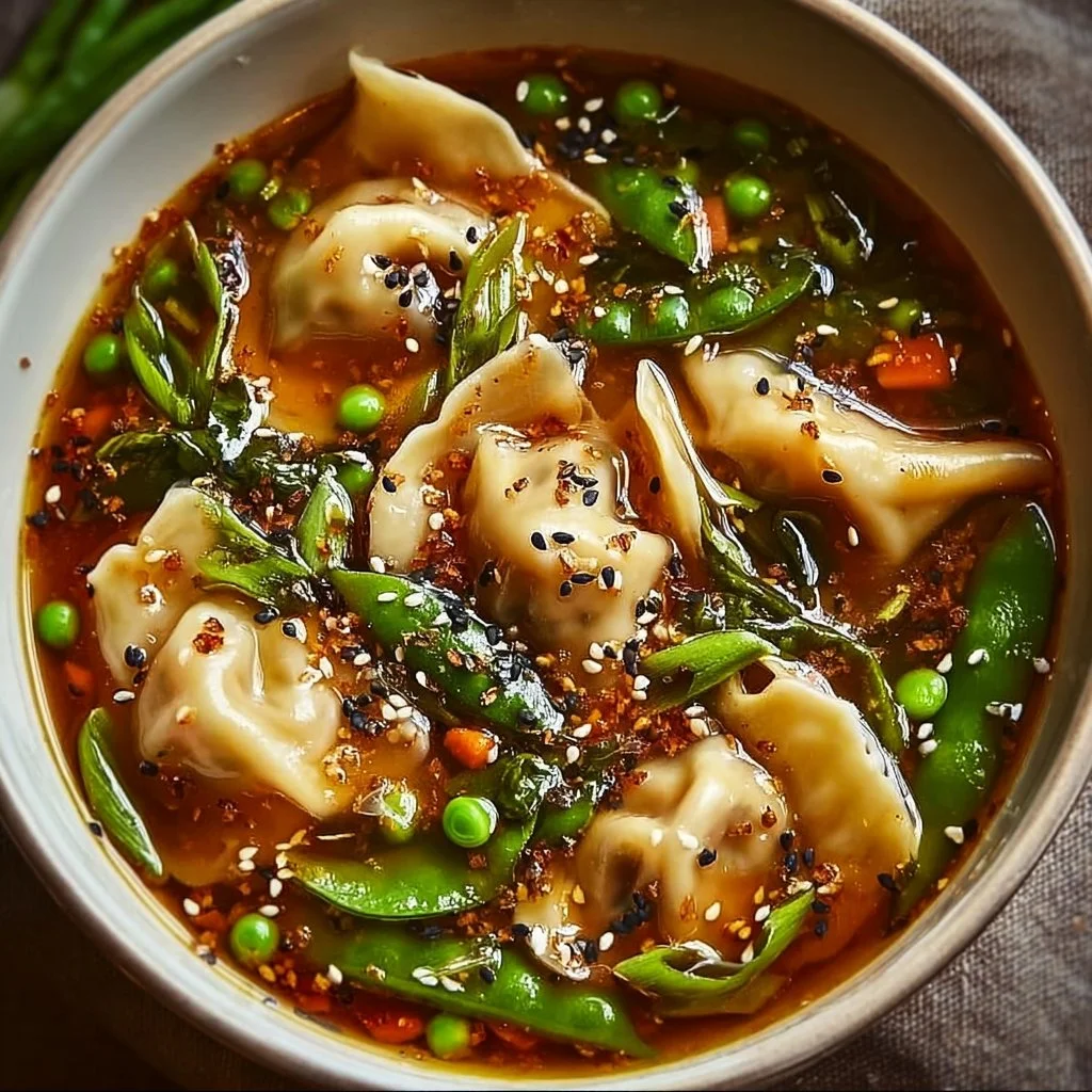 Bowl of easy Asian dumpling potsticker soup garnished with green onions and herbs