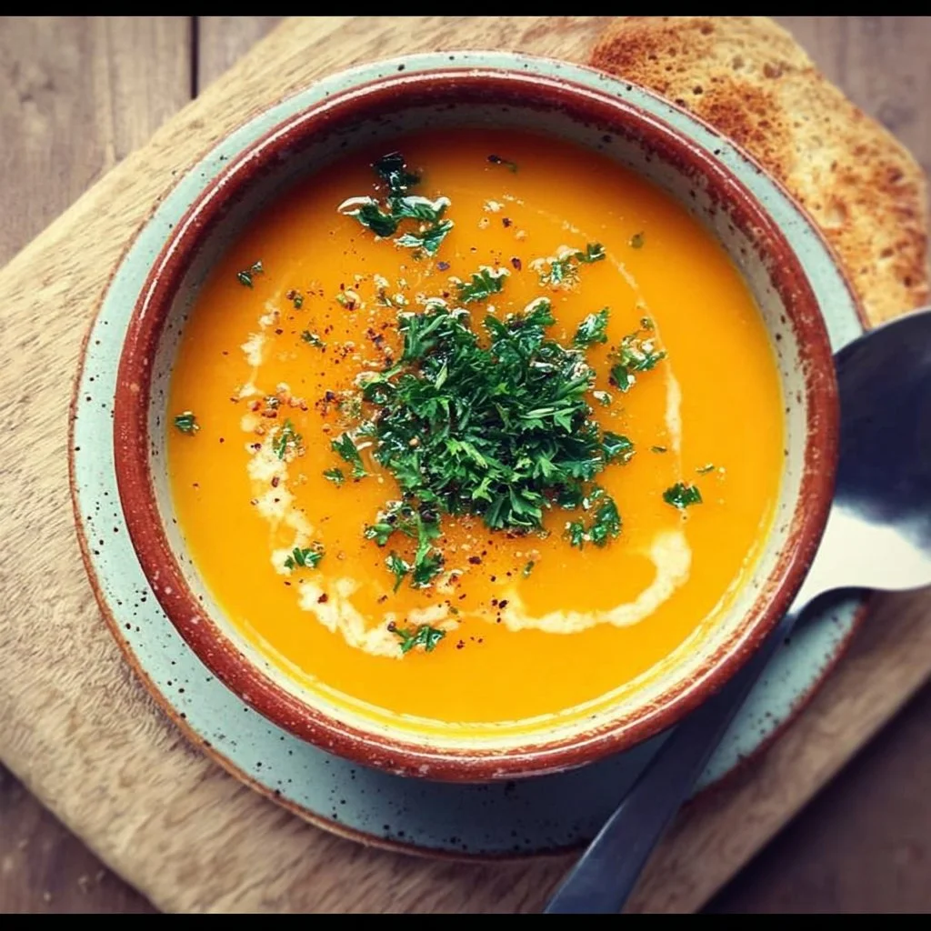Bowl of easy butternut squash and sweet potato soup garnished with herbs