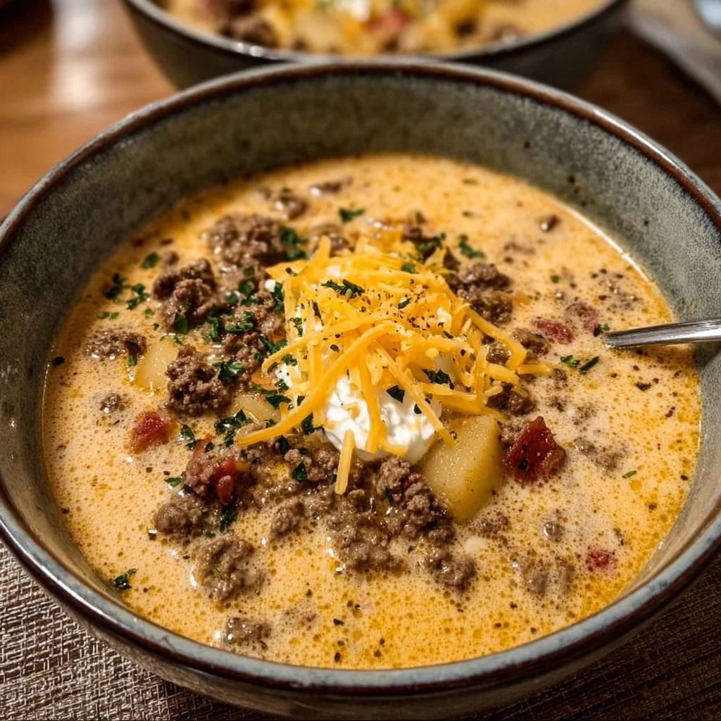 A bowl of easy cheeseburger soup topped with cheese and fresh herbs
