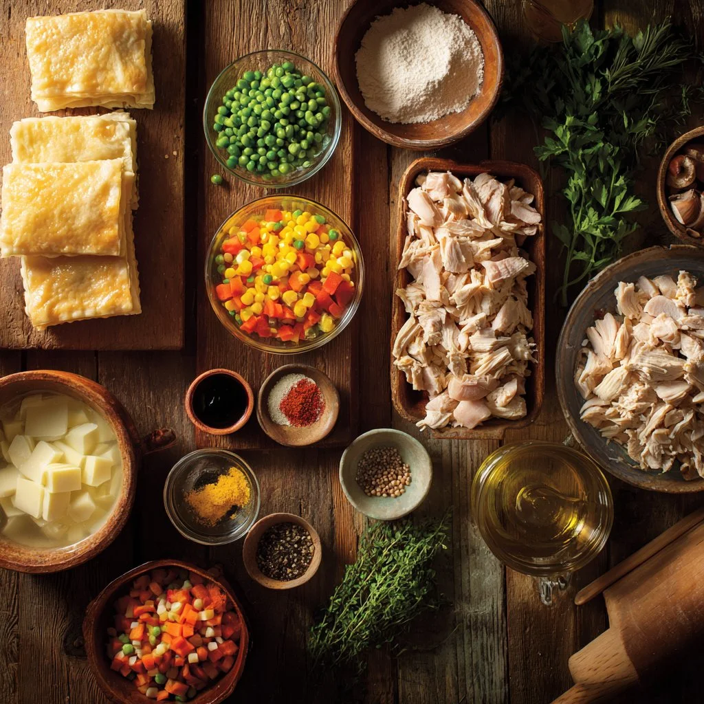Easy chicken pot pie made with puff pastry for a cozy meal.