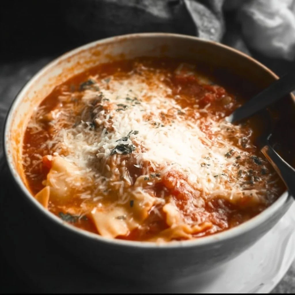 Delicious bowl of easy creamy lasagna soup topped with cheese and herbs