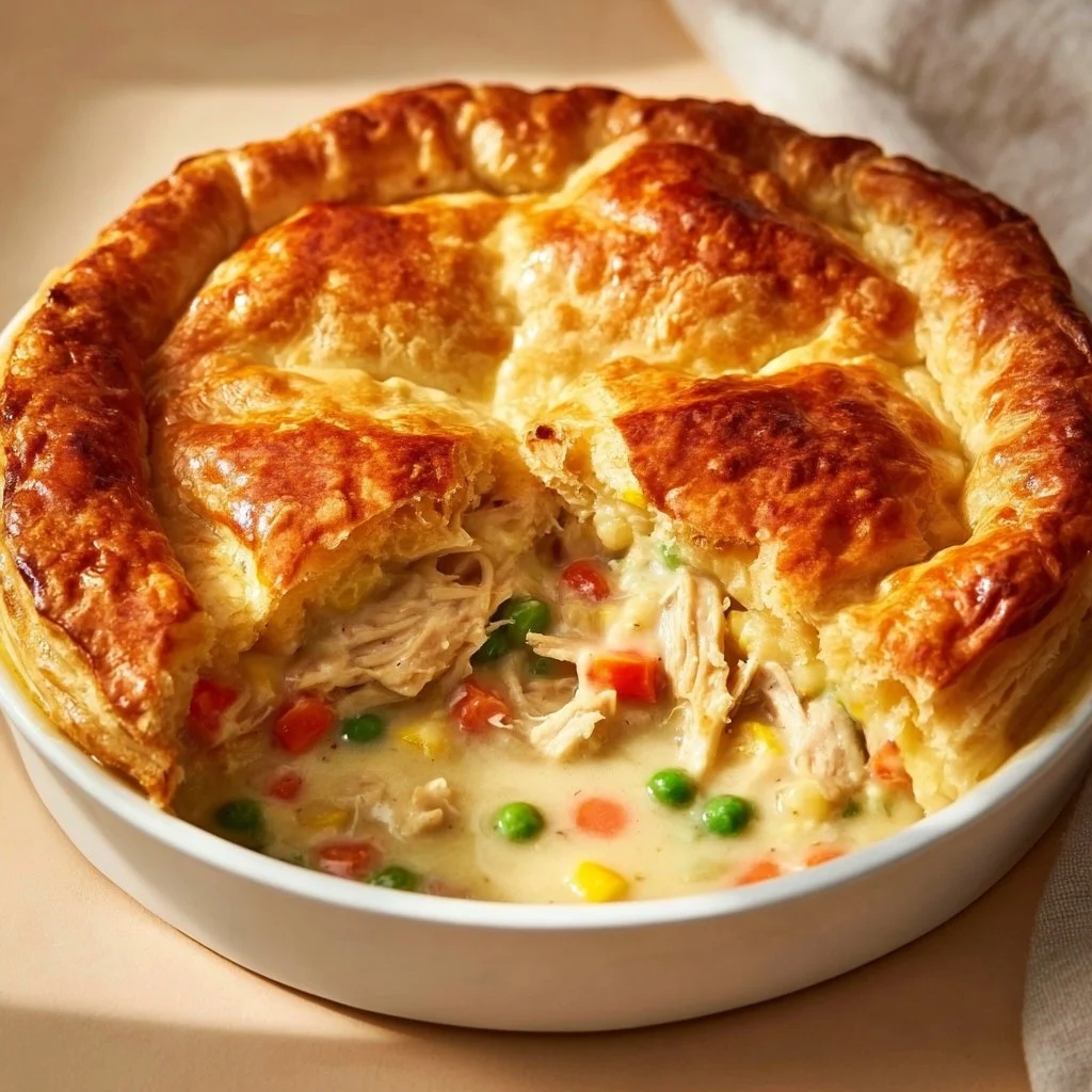 Easy Crescent Roll Chicken Pot Pie with creamy chicken filling and flaky crust