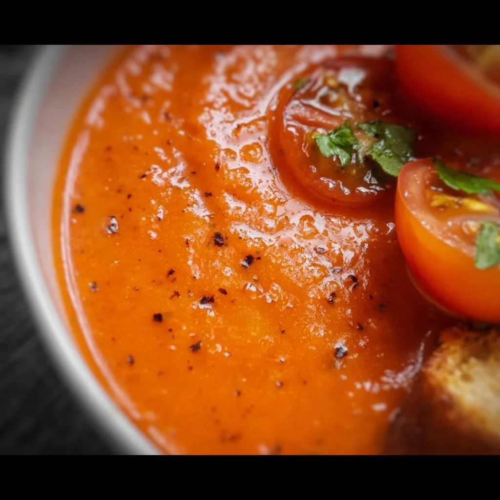 Bowl of easy gazpacho soup made with fresh vegetables and herbs