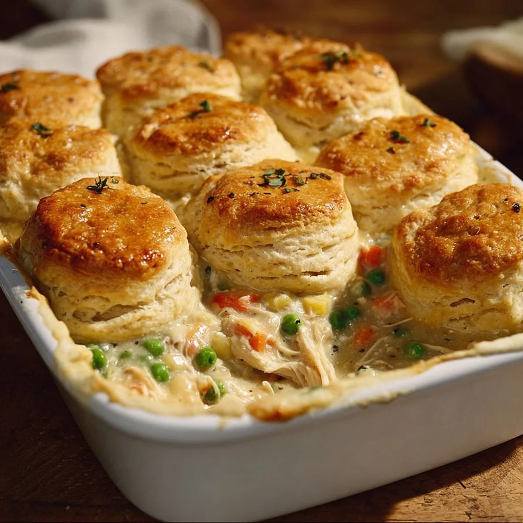 Homemade Chicken Pot Pie Casserole ready to serve with golden crust.